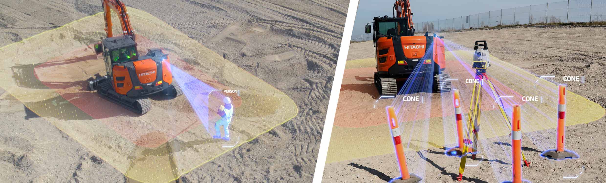 AI human form detection technology detects a person and construction cones on a construction site to improve safety.